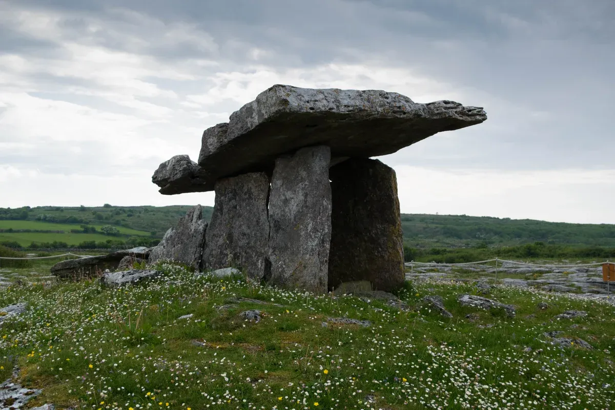 Poulnabrone portal tomb on the Burren limestone, a stop on some Cliffs of Moher tours from Dublin, County Clare, Ireland